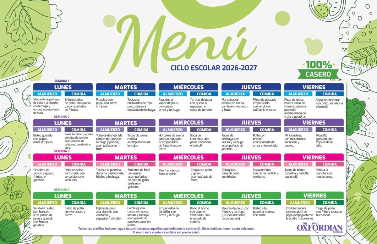 The cafetería menu for the 2026 to 2027 school year, a four week rotation giving the almuerzo and the comida for Monday to Friday of each week. All dishes include plain water unless the dish says otherwise, other drinks cost extra, and the menu can change without notice.