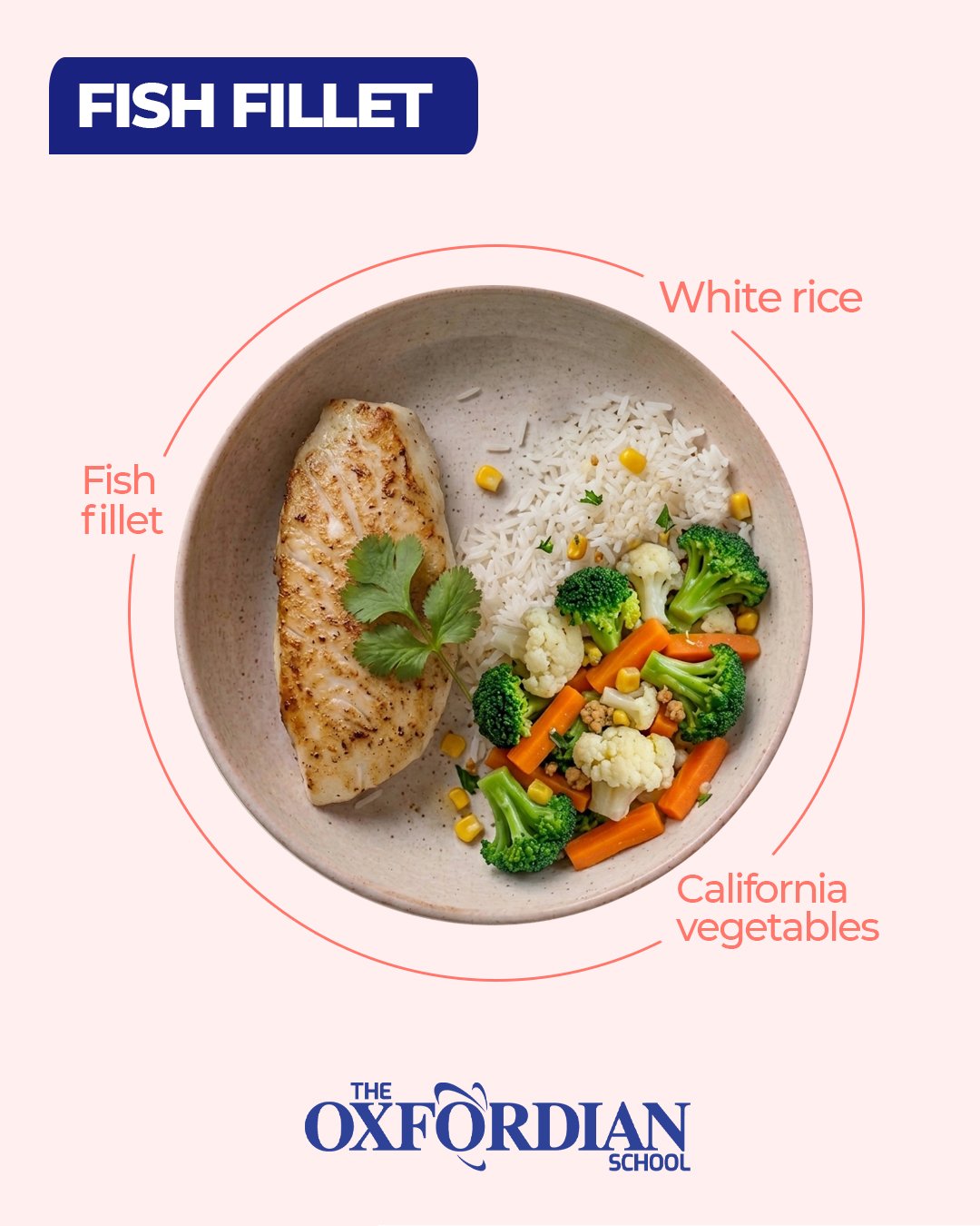 A fish fillet served with white rice and California vegetables, labelled with its ingredients: fish fillet, white rice and California vegetables