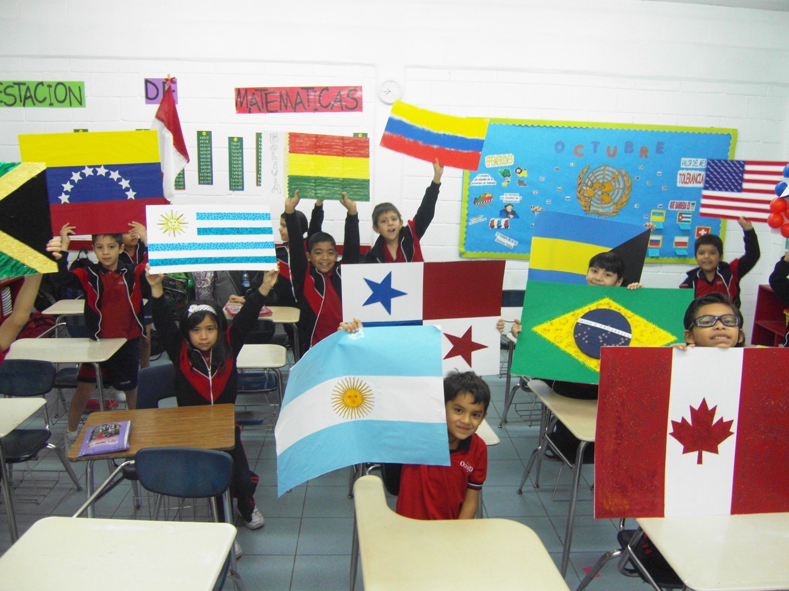A cultural fair with the flags of many countries on display